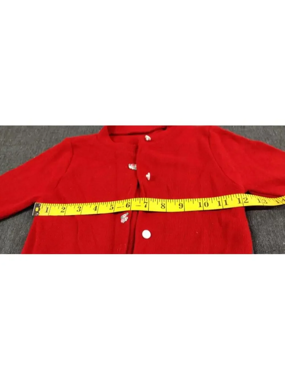 Vintage 60s 70s Girls Red Sweater Pullover Cardigan Buttons & Tiny Floral Patchs